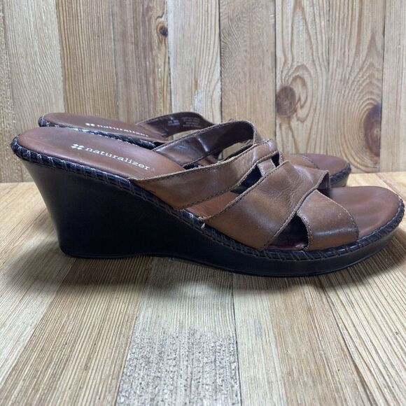 Naturalizer Sandals Women Size 8 Wedge Open Toe Slip On Brown Leather 2062 - Picture 2 of 13